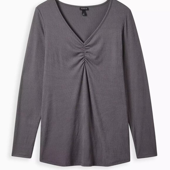 Torrid Cinch Front Top Rib Slate Ribbed Longline Charcoal V-Neck Stretch Tee - Picture 15 of 15